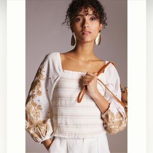 Anthropologie Smocked Embroidered Top